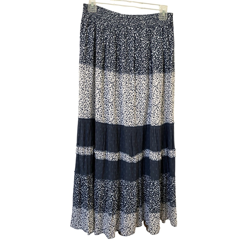 Navy Blue White Floral Tiered Maxi Skirt Smocked Waist Boho Crinkle Full Length